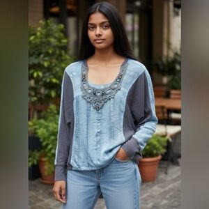 Free People Blue Boho Jeweled Long Sleeve Peasant Top Size XS